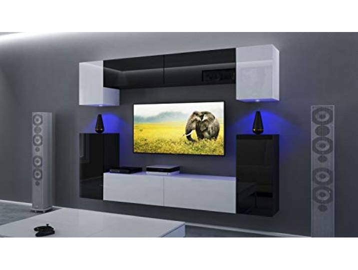 Furnitech Wohnwand Wohnzimmer Wohnzimmer Möbel mit LED Blau Hängend Wohnwand Modern Wohnzimmer Schrankwand mit Regale und TV Schrank (Rodos AN43-17WB-HG24 1A)