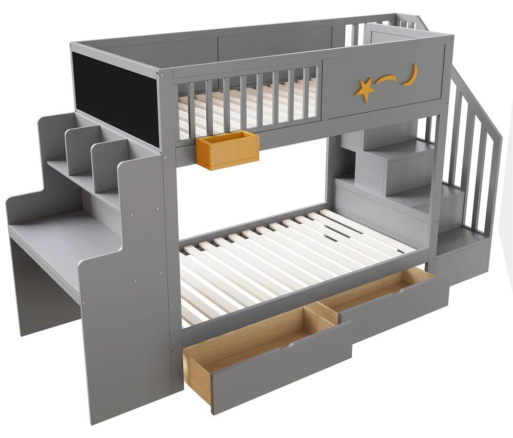Etagenbett für Kinder - Kombibett - Liegefläche 90 x 200 cm - Stauraumschubladen und Schreibtisch - Sicherheitstreppe - Sternmotiv - Massiver Kiefernholzrahmen - Grau