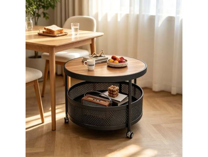 kumamart Runder Couchtisch auf Rollen, 2 Etagen Beistelltisch mit Korb 2-etagiger runder Couchtisch mit Sinterstein-Platte, Aufbewahrungskorb und Rollen.