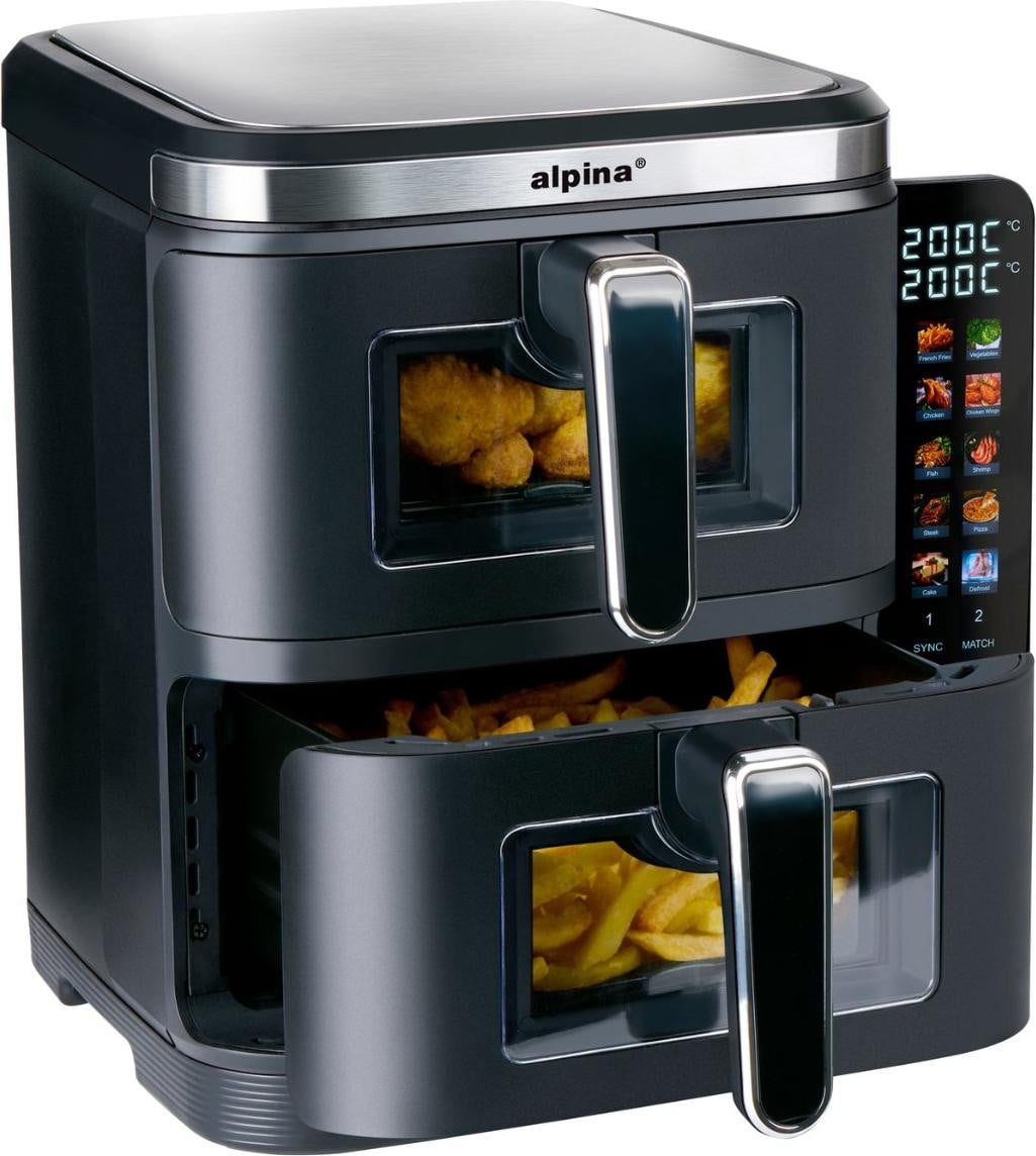 Alpina Dubbele Airfryer XXL - Heteluchtfriteuse met 2 compartimenten - 11 liter - Zwart
