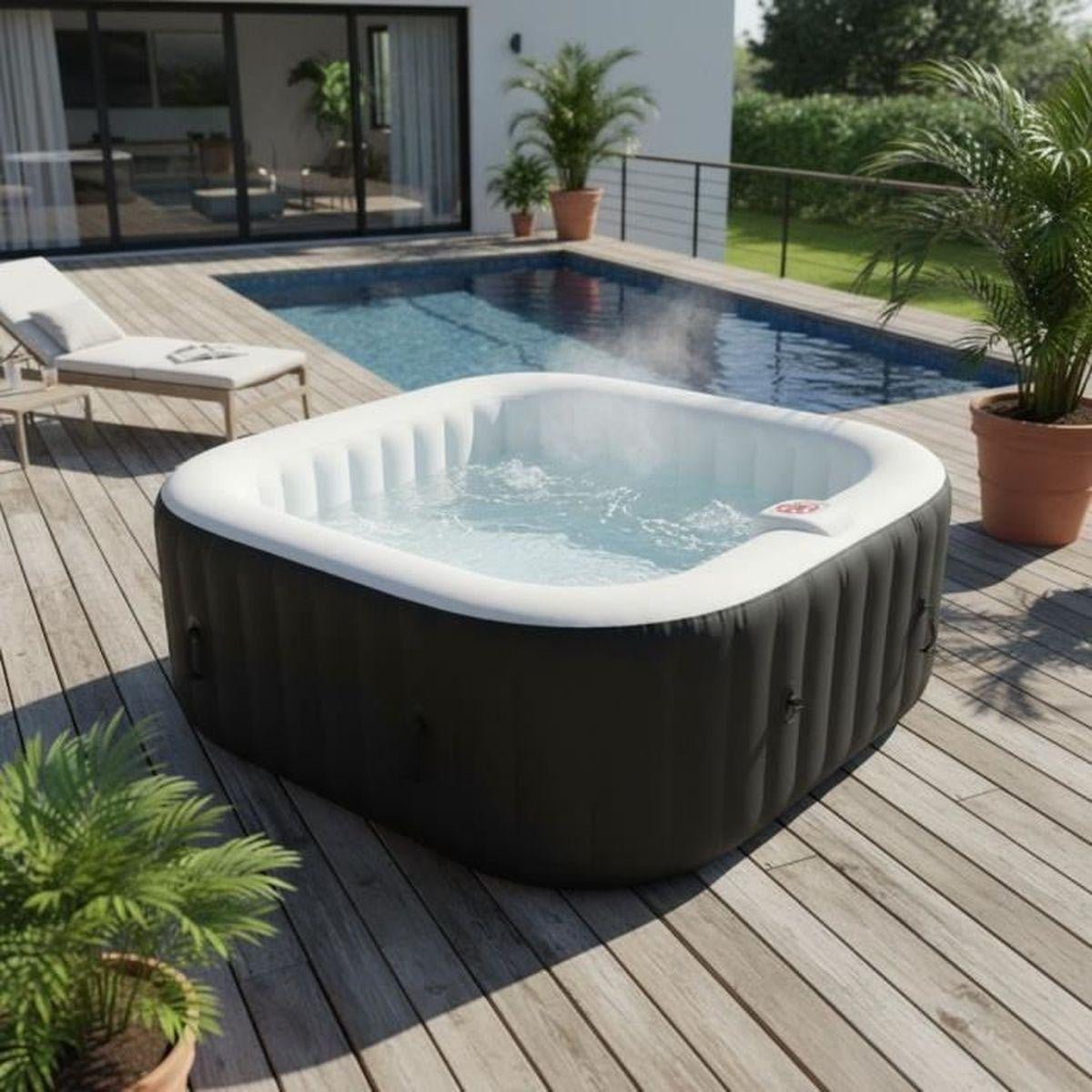 SUNSPA Opblaasbare rechthoekige whirlpool voor 6 personen met 130 micro-jets, 800 liter inhoud en inclusief filter, grondmat en afdekking (AC02)