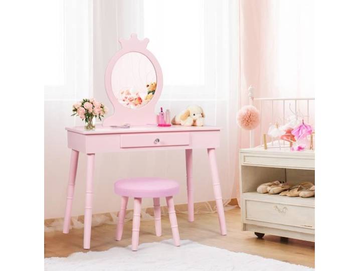 COSTWAY Coiffeuse Enfant avec Tiroir et tabouret Table de Maquillage de Filles Style Princesse Européenne Blanc