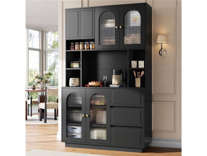 Buffet haut de cuisine - 106x40x175cm - Vaisselier Portes Acrylique Éclairage LED App & 3 Tiroirs - Noir