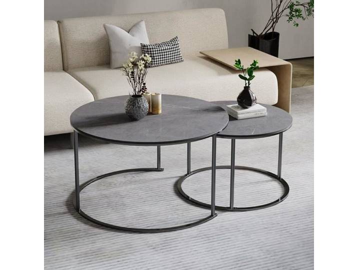 UNHO Table Basse Gigogne Ronde Tables Gigognes de Salon Table d'Appoint Bout de Canapé avec Effet Marbre Cardre en Métal