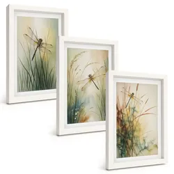 BILDER SET 3er Set - 20x30 cm Weißer Rahmen - Libellengräser über dem Wasser