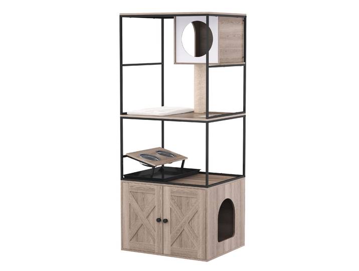 Katzenbaum mit Katzentoilette und Fressstation 146 cm natur