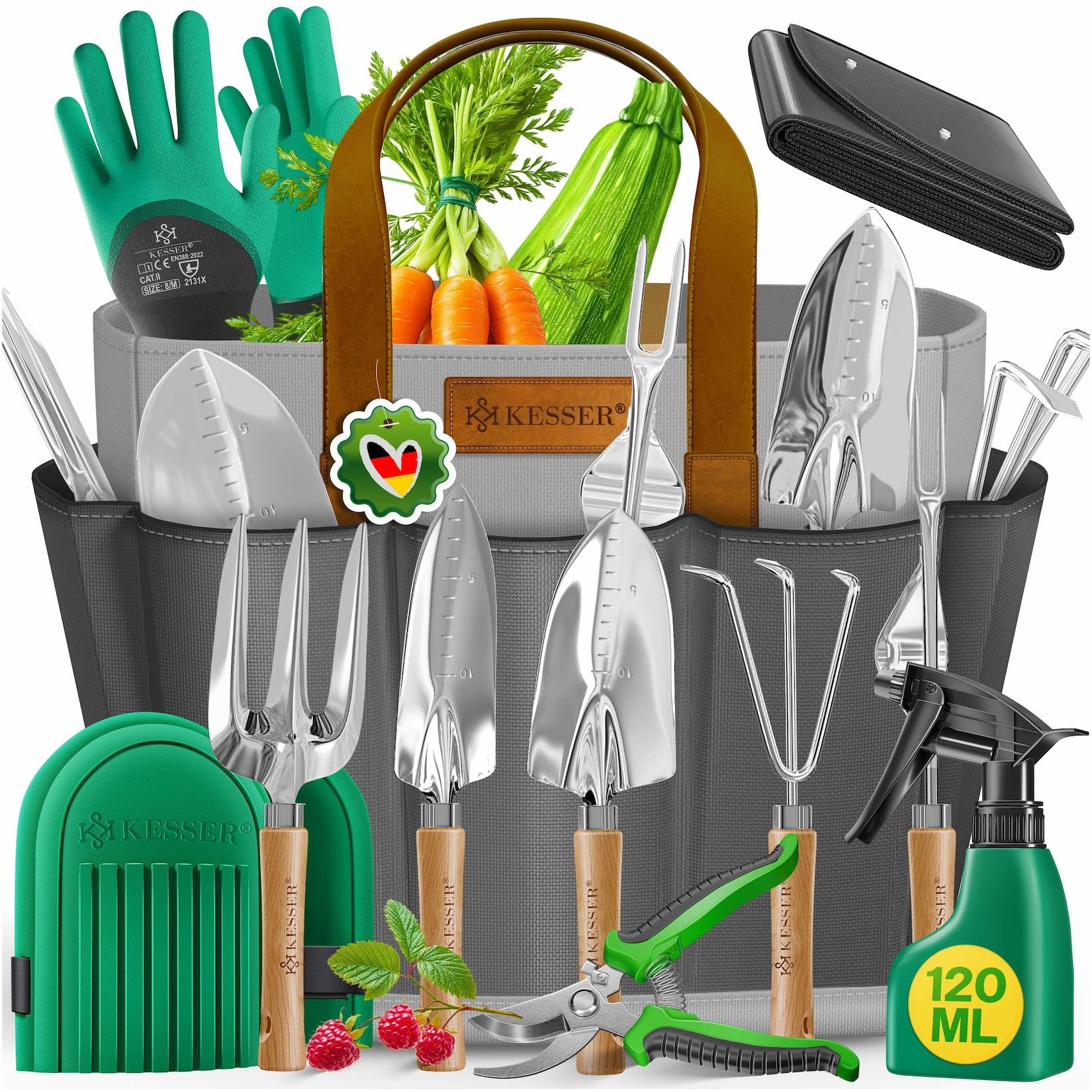 KESSER® Gartenwerkzeug Set 10-teilig mit ergonomischen Holzgriffen inkl. wasserdichte Tasche aus 600D Oxford-Material, Knieschoner, Pflanzmatte, Sprühflasche, Gartenschere, Handschuhe für Gartenarbeit