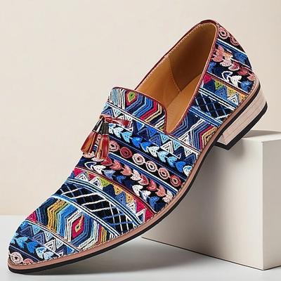 Herren-Loafer aus Jacquard mit ethnischem Muster und Kunstlederakzenten, Slipper im Boho-Stil für Kunstausstellungen, Sommerhochzeiten und Kreativberufe