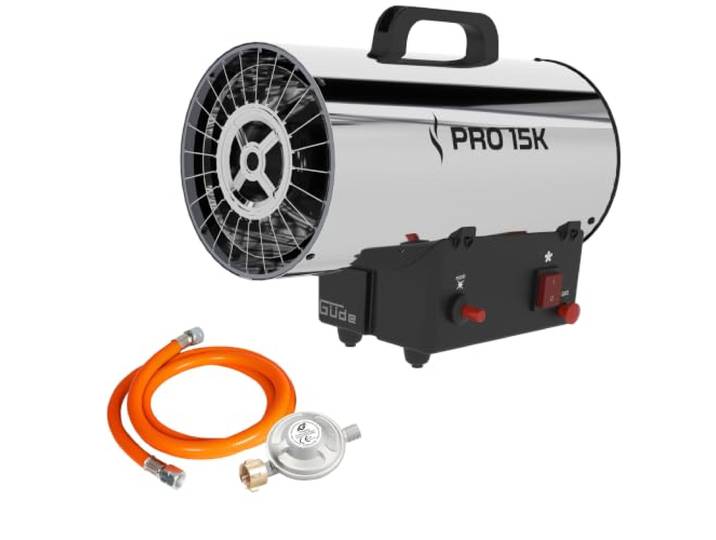 Güde Gasheizgebläse Pro 15k INOX - 230 V, 15 kW Leistung, Edelstahlgehäuse 1,09 kg/h Gasverbrauch, 580 m³/h Gebläseleistung, optimiertes Luftleitgitter, Piezozündung, Druckminderer, Gasschlauch