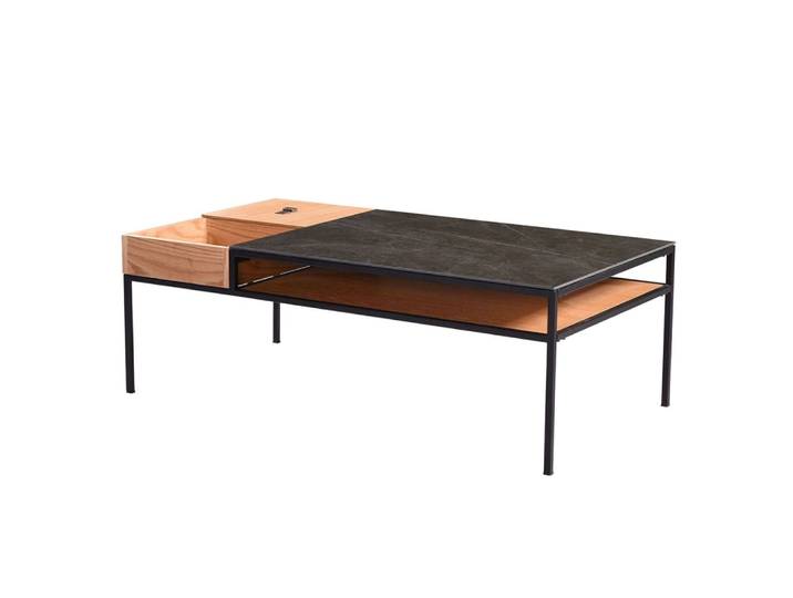 Table basse effet chêne céramique et métal noir
