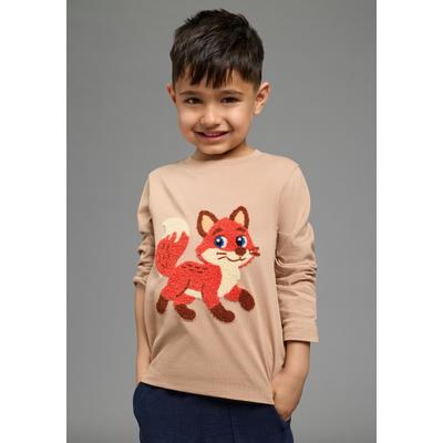 Langarmshirt KIDSWORLD "Shirt mit großer Fuchs Frottee-Applikation", Jungen, Gr. 128/134, beige, Jersey, Obermaterial: 100% Baumwolle, Basic hüftlang, Rundhals, Shirts Langarmshirt, Shirt mit Fuchs-Applikation, hüftlange Basic-Passform, Langarm-Design