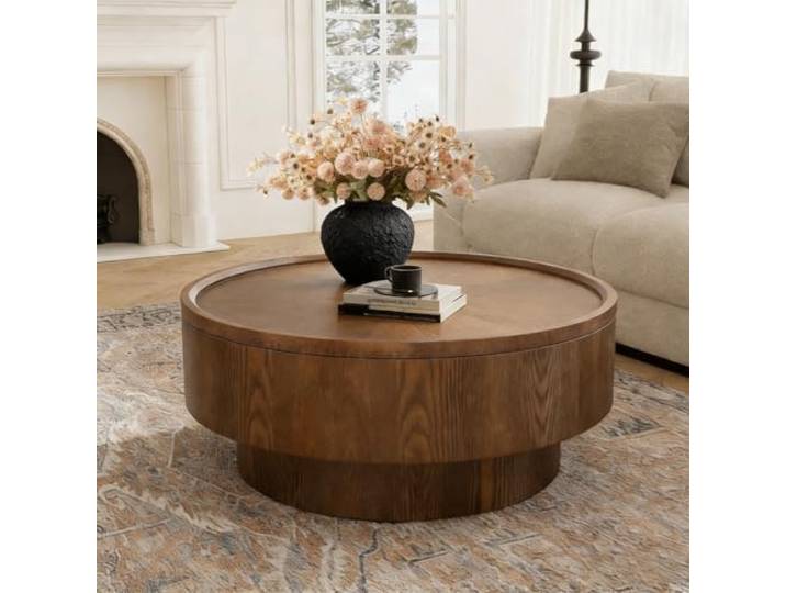 YAOBAO Runder Couchtisch mit Stauraum, 78 cm Kreisförmiger Holztrommel Tisch mit Stabiler Basis, Moderner Couchtisch für Kleines Wohnzimmer, Wohnung, Büro, Einfache Montage