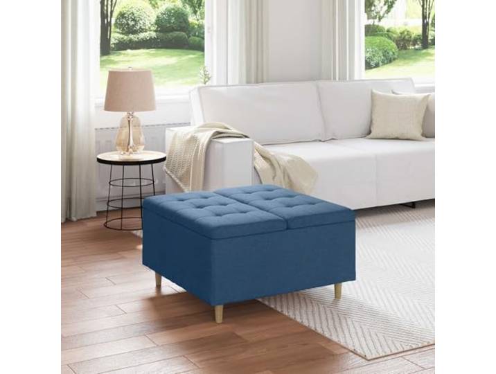 NLQMSU Sitzhocker mit Stauraum, blau, mit Kissen, 80 x 80 x 45 cm Füße aus Holz, bequeme Polsterung, versteckter Kofferraum, Staubsaugerpflege, minimalistischer Stil