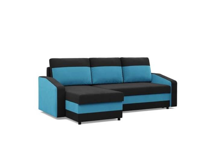 Mebligo - Ecksofa mit Schlaffunktion, Universelle Seite, Schwarz + Blau (Mikro 15 + Mikro 18)