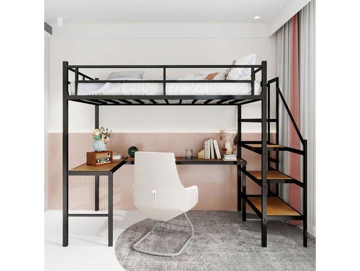 Lit mezzanine Avec bureau en L grand rangement cadre stable garde-corps silencieux
