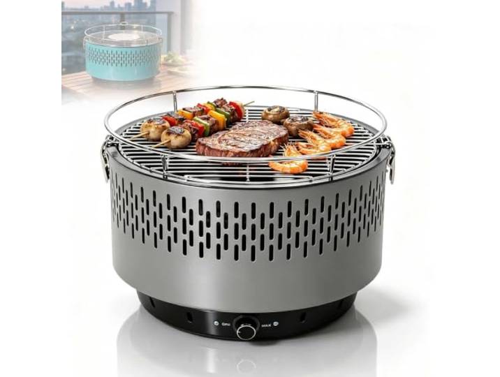 Tragbarer Tisch Holzkohle Grill und Mini Ofen für Balkon Mini Kochgerät mit Batterielüftung, Emailliertem Becken und Sicherheitsklammern für Camping und Patio(Gray)