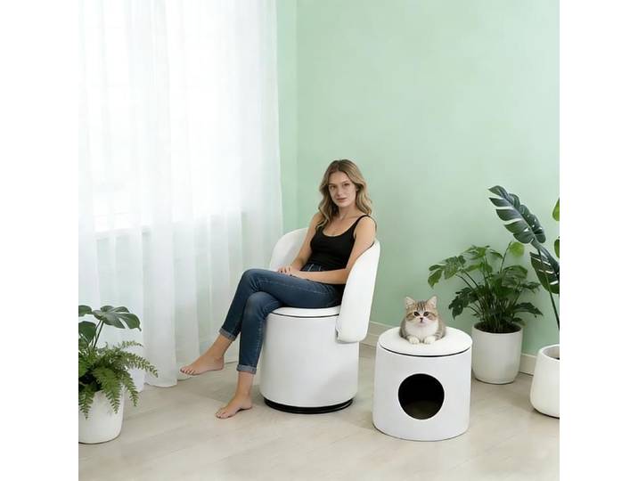 Chaise de Maquillage Pivotante en Tissu Velours avec Nid de Chat - Tabouret Coffre de Rangement - Dossier Amovible - Design Moderne