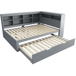 OKWISH Multifunktionales Schlafsofa 140x200 Massivholz ausziehbares Bett 90x190 USB-Steckdose Stauraum Fächer bequem robust Grau