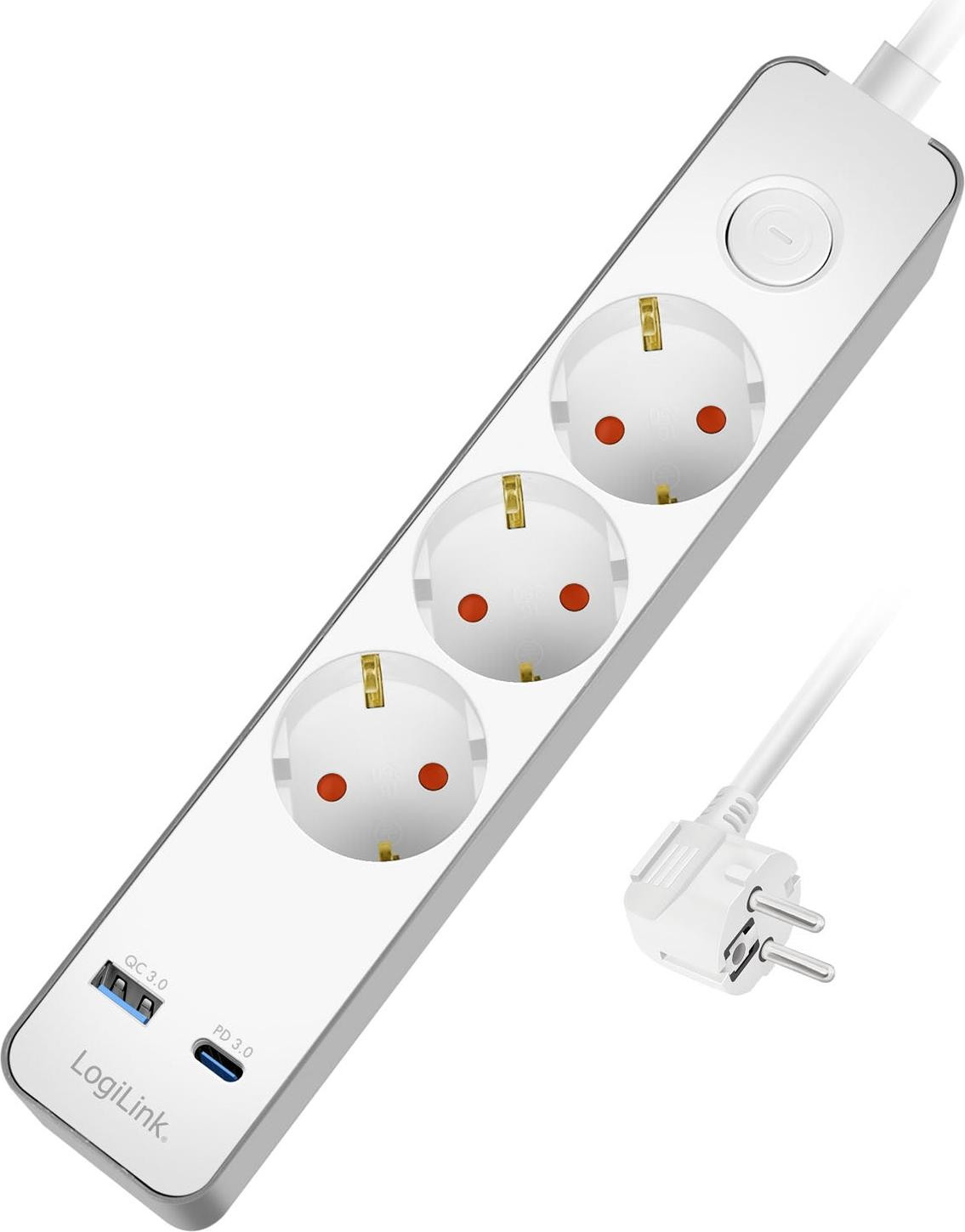 LogiLink Verlengkabel met 3 stopcontacten en USB-A/USB-C PD 20W, 1,4 meter, wit