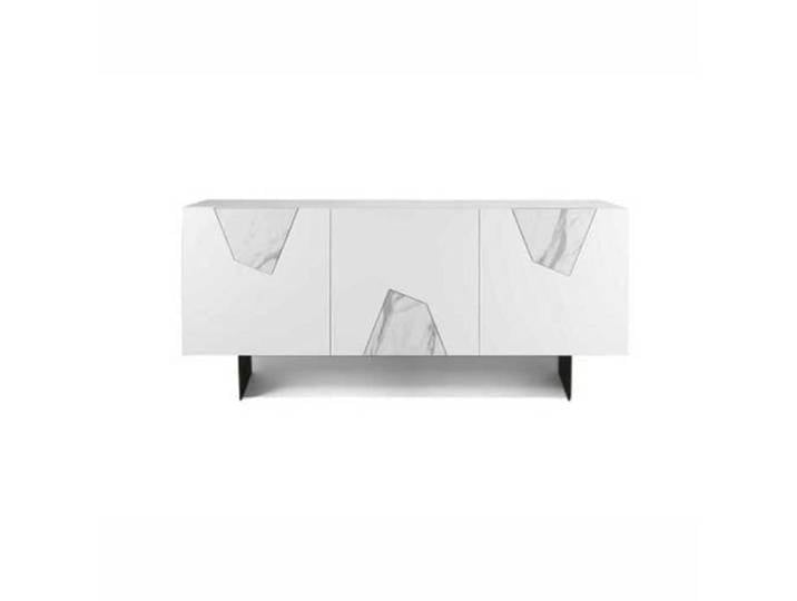 Buffet - Madia - 3 portes inserts en verre effet marbre - L180 - Blanc