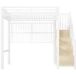 STILVORA Hochbett Metall Weiß 90x200 cm mit Stauraumleiter, Kleiderschrank, LED-Lichtleiste