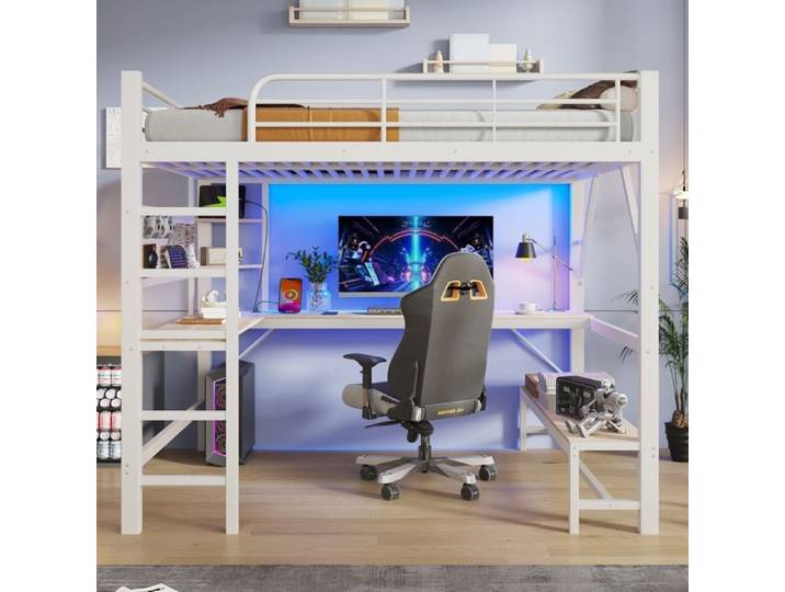 Lit mezzanine 160x200cm Blanc cadre en fer Bureau escabeau avec prise USB + Type-c Avec bande LED Avec panneau perforé Sans matelas