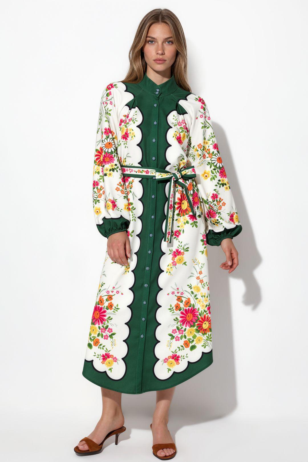 Blumenmuster Midi Hemdblusenkleid mit Gürtel