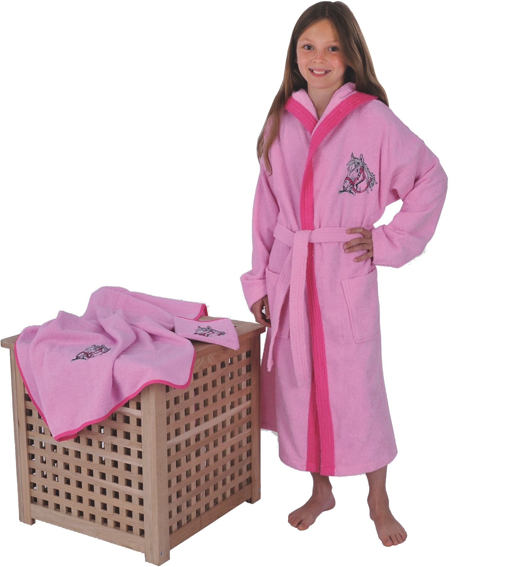 Kinderbademantel WÖRNER "Bademantel Pferd rosa" Gr. 128, rosa, 128, Baumwoll-Webfrottier, Hausmäntel, Kinderbademantel rosa 128