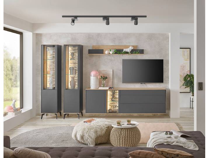 TV-Lowboard Front & Korpus: Spanplatte, beschichtet Absetzung: Massivholz Teak, naturbelassen Grau/Anthrazit 169cm