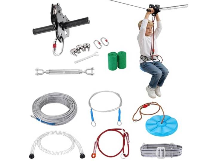 VEVOR Tyrolienne 24\,4 m Kit de Tyrolienne Complet Charge 150 kg Configuration Facile avec Frein à Ressort Ceinture et Harnais de Sécurité pour Jardin Arrière-Cour (Ados Uniquement. Pas pour Adultes)