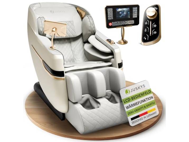 Juskys Massagesessel Naxos, elektronisch mit LCD-Bedienfeld, USB, Bluetooth, Airbags, Rollenmassage, Wärmefunktion, Fußverlängerung & Timer – Weiß/Hellgrau