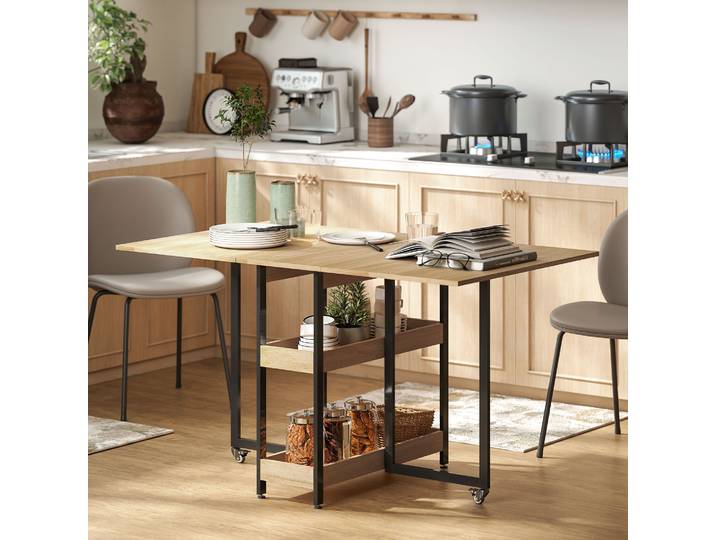 HOMCOM Table Pliante 4 Pers. Roulettes Chêne avec Rangement