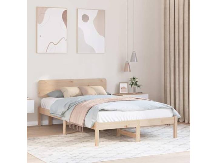 RJPLMFV Bettgestell, massives Kiefernholz, 140 x 190 cm, Natur Kopfteil inklusive, feste Latten inklusive, minimalistisches Design, leicht zu reinigen, robuste quadratische Füße