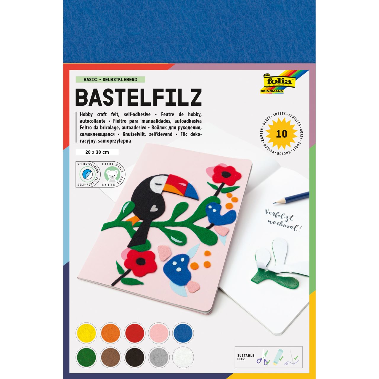 folia Bastelfilz selbstklebend farbsortiert 10 Bogen