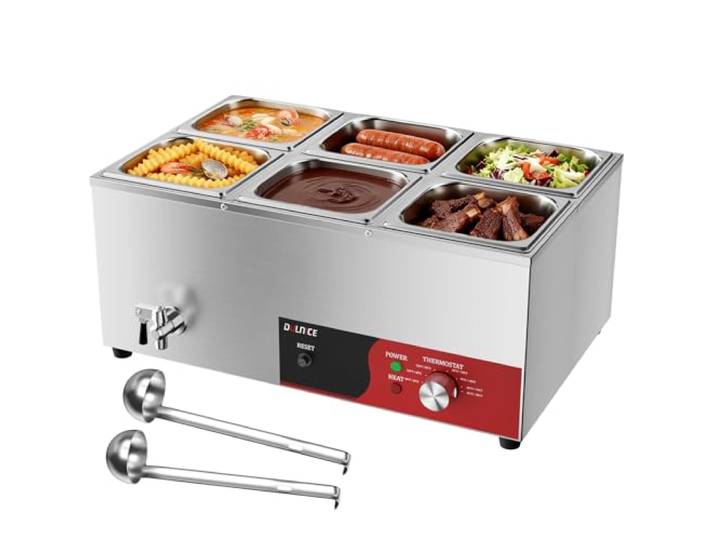 DULNICE Elektrische Bain Marie 6x1/6 GN Edelstahl Gewerbe Speisenwärmer 30–85°C regelbar,1500W,Trockengehschutz mit Reset,Ablaufhahn,Suppenlöffel,ideal für Buffet, Kantinen & Cafés