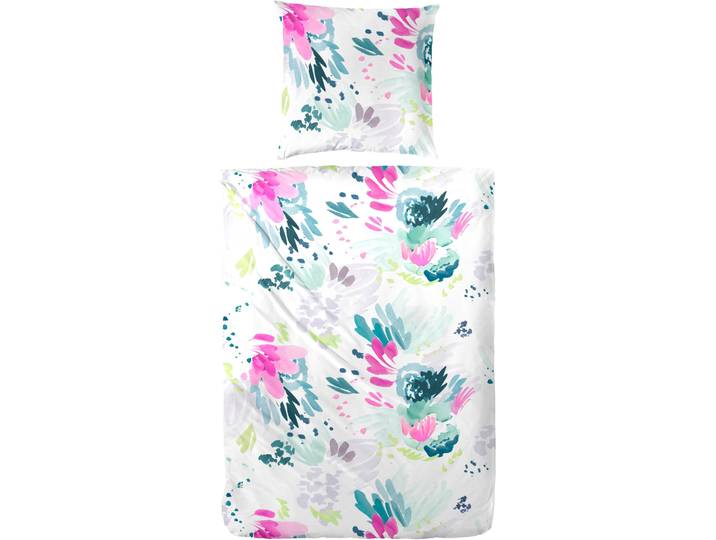 Bettwäsche PRIMERA Folklore , bunt (weiß, grün, pink), B/L: 135cm x 200cm, 1 Stk., 1 Stk., Perkal, B/L: 80cm x 80cm, 2 Stk., Perkal, Obermaterial: 100% Baumwolle, Bettwäsche, Bettwäsche, in Aquarelloptik