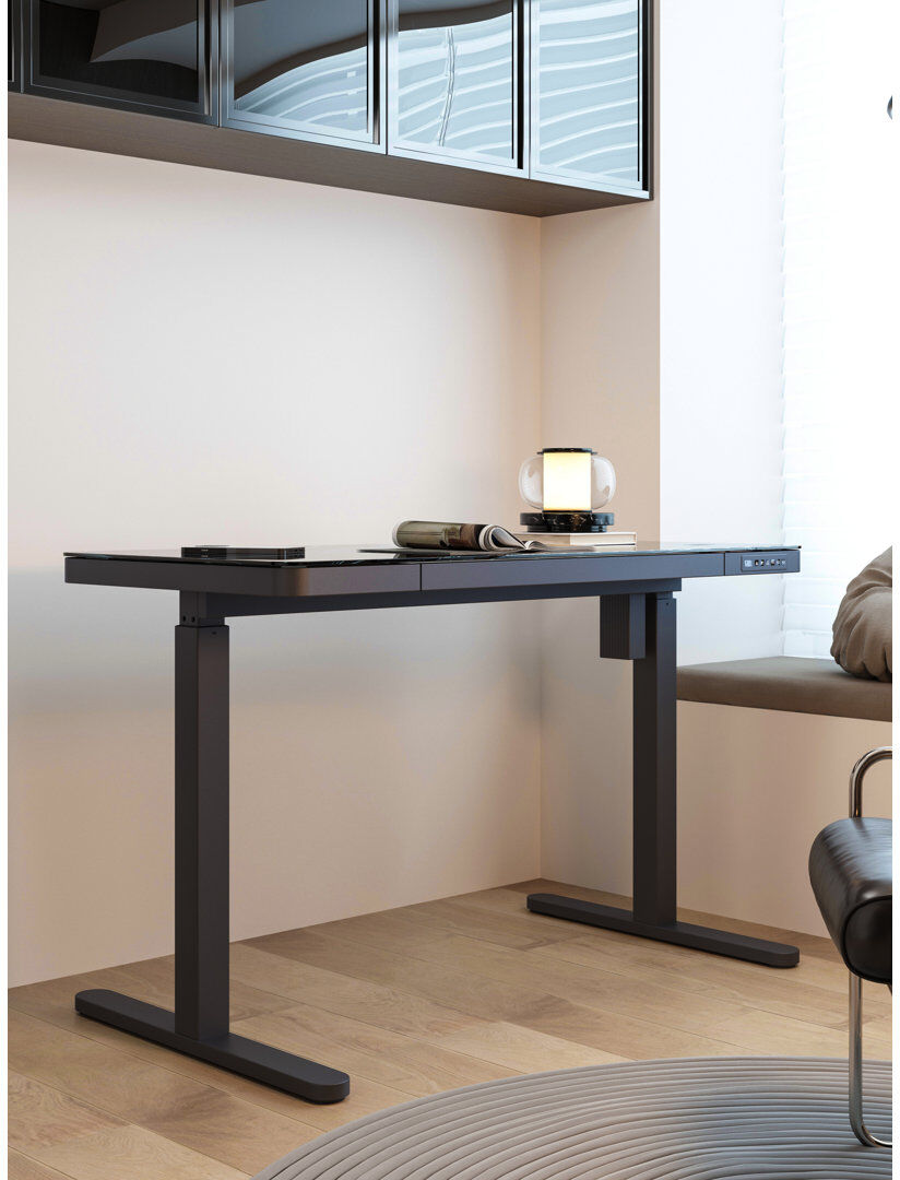 Inbox Zero Almena Glass Top Standing Desk with Drawers & Wireless Charging Black