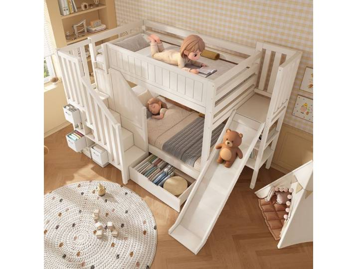 Lit superposé enfant 90x200 - Avec toboggan + échelle armoire + tiroirs roulants rangement - Blanc