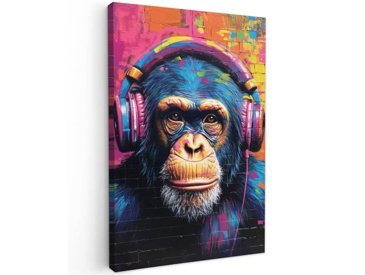 LEINWANDBILD Graffiti - Schimpanse - Straßenkunst - Kopfhörer - Affe Wanddeko 40x60 cm