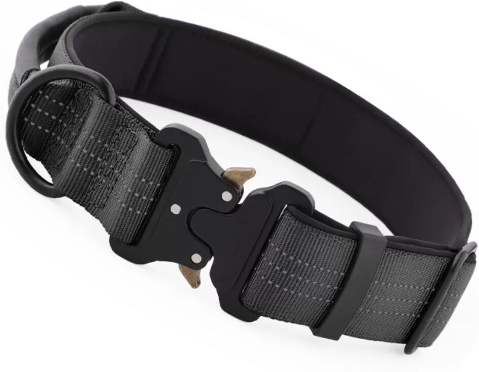 INF Reflektierendes taktisches Hundehalsband mit drei Streifen, Größe L — Nylon-Leder, Griff, Edelstahl-Schnalle, Zugstopp & Schwarz
