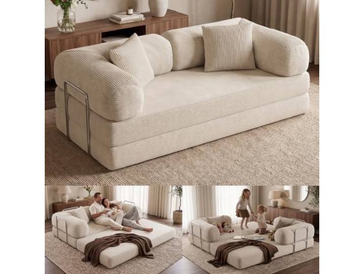 Kenning Schlafsofa 2-Sitzer, Sofa Cord Beige, hochwertig weicher Stoff 200x100 cm Klappsofa mit 2 Kissen, modulare Vollschaumcouch Boneless mit Stahlgestell, Cordsofa Wohnzimmer, vakuumverpackt