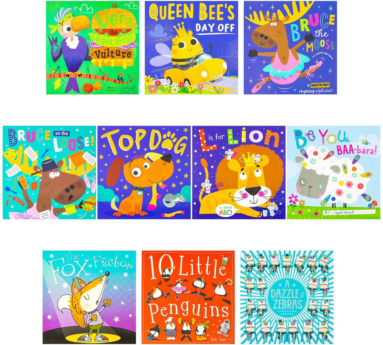 Make Believe Ideas Children's Picture Books 10 Books Collection Set (Vera the Vegetarian Vulture, Queen Bee's Day Off, Bruce the Moose, Bruce on the Loose, Top Dog, L is