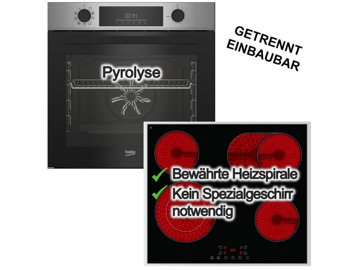 BEKO Backofen-Set Backofen Pyrolyse+PKM Elektrokochfeld 60cm Zweikreis Bräterzone Touch, Pyrolyse-Selbstreinigung