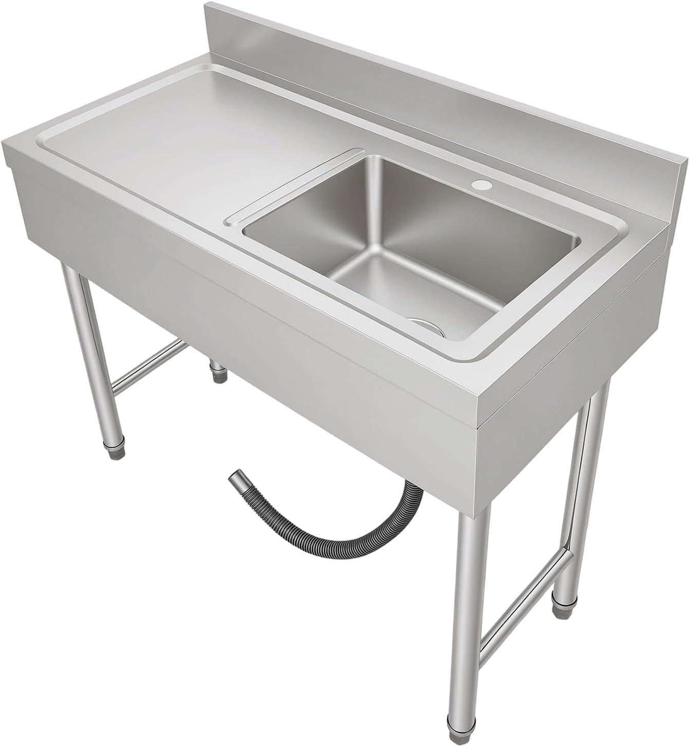 Freistehende Edelstahlspüle 100x50x80cm mit Abflussrohr, Gastrospüle für Haushalt, Restaurant und Außenbereich, belastbar bis 150kg