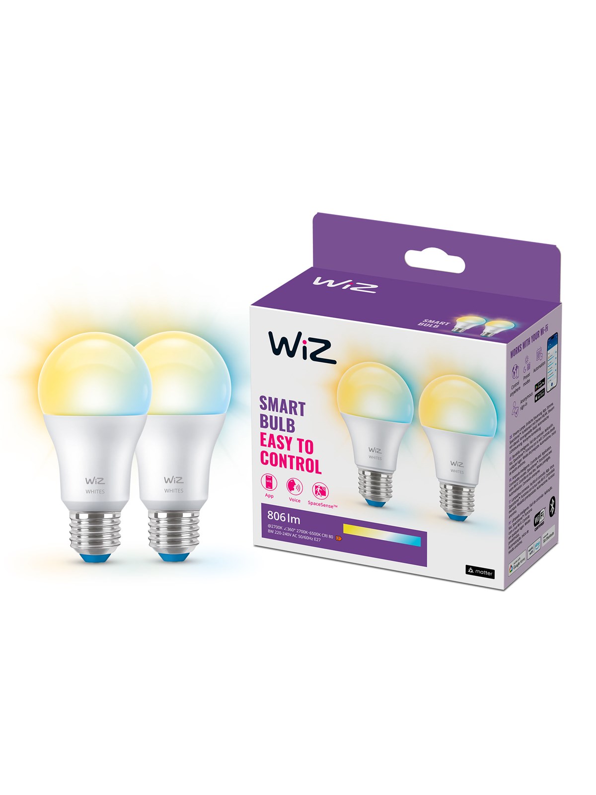 WiZ Tunable A60 E27 Smart LED Bulb 2-pack - Dimmable warm-to-cold White LED