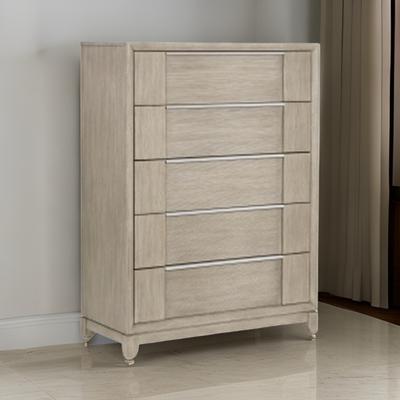 Benjara Owen 54 Inch Tall Dresser Chest, 5 Drawers Pewter Handles, Light Beige Wood