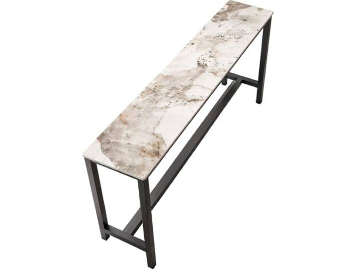 Stehtisch mit Felsplatten-Bartheke, schmaler Bartisch, rechteckig Tisch in Thekenhöhe, Metallrahmen/Stützbeine, Metallfußstütze, platzsparend, einfach zu montieren(200cm)