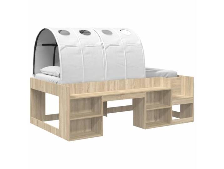 Keeushr Bettgestell mit und Regal 3 STK. Sonoma-Eiche und Weiß Holzwerkstoff-Konstruktion, atmungsaktiver Polyester-, integrierte Leiter, Lattenrost-Design, modernes Design