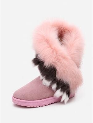LightInthebox Women's Brown Faux Suede Faux Fur Ankle Snow Boots, Warm Round Toe Flat Pull-On Winter Boots for Women for Casual Outdoor Walking, Travel and Cold Weather