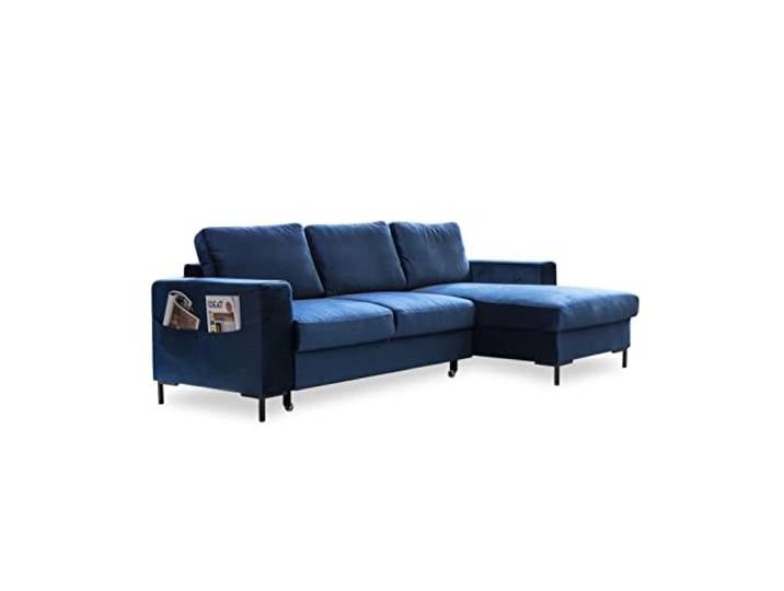 MIUFORM Ecksofa mit Schlaffunktion und Bettkasten Lofty Lilly Wohnladschaft Couch Schlafcouch Wohnzimmer Gästezimmer Samt-Stoff Metallfüße (Navy blau, Rechts ausgerichtet)